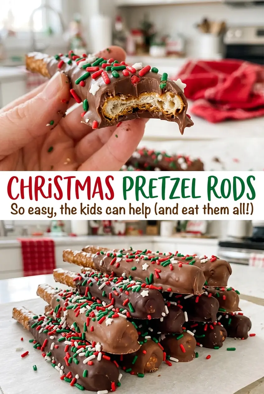 Christmas Pretzel Rods glossy chocolate sprinkle topped
