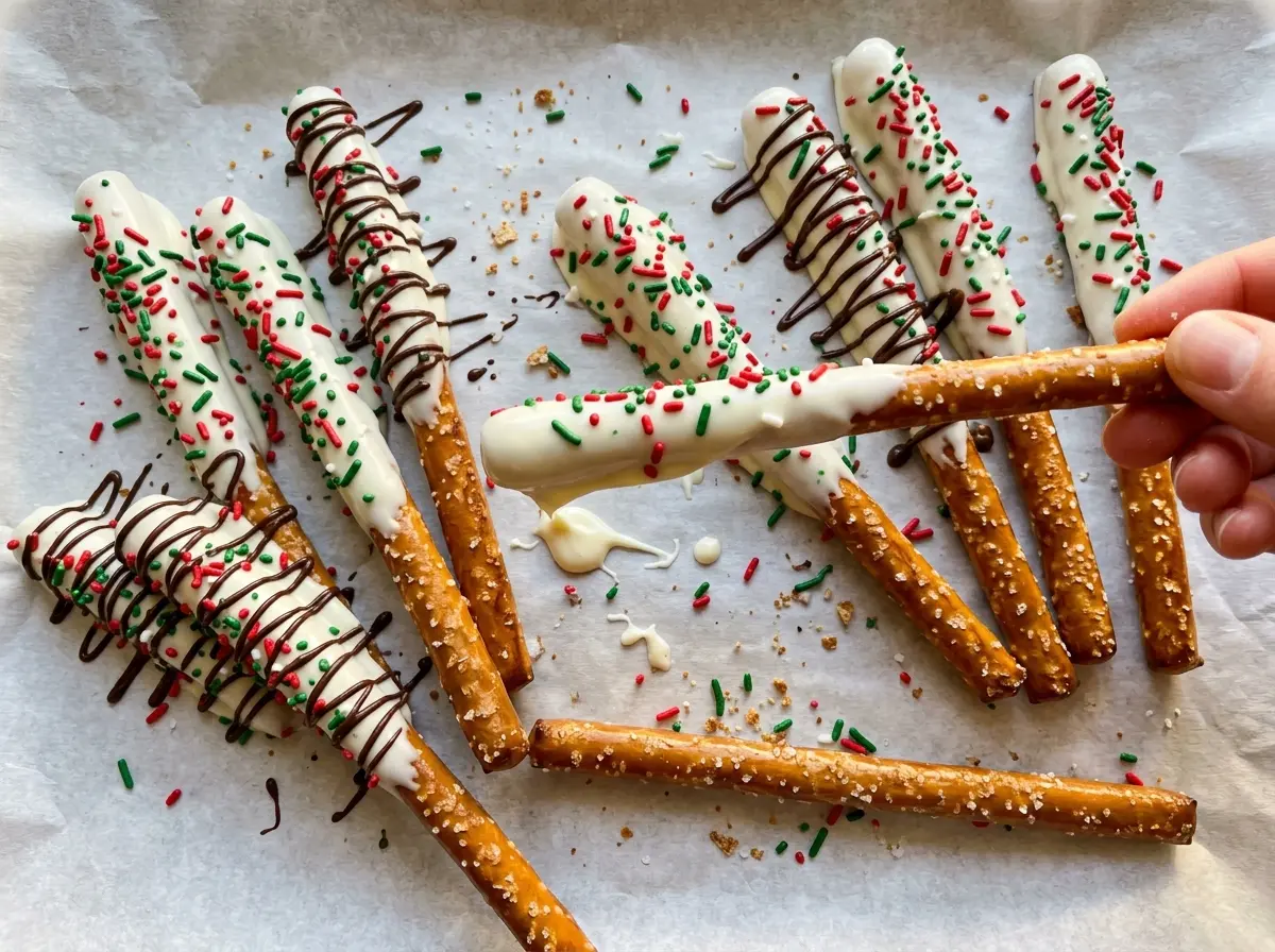 Christmas Pretzel Rods chocolate dipped festive