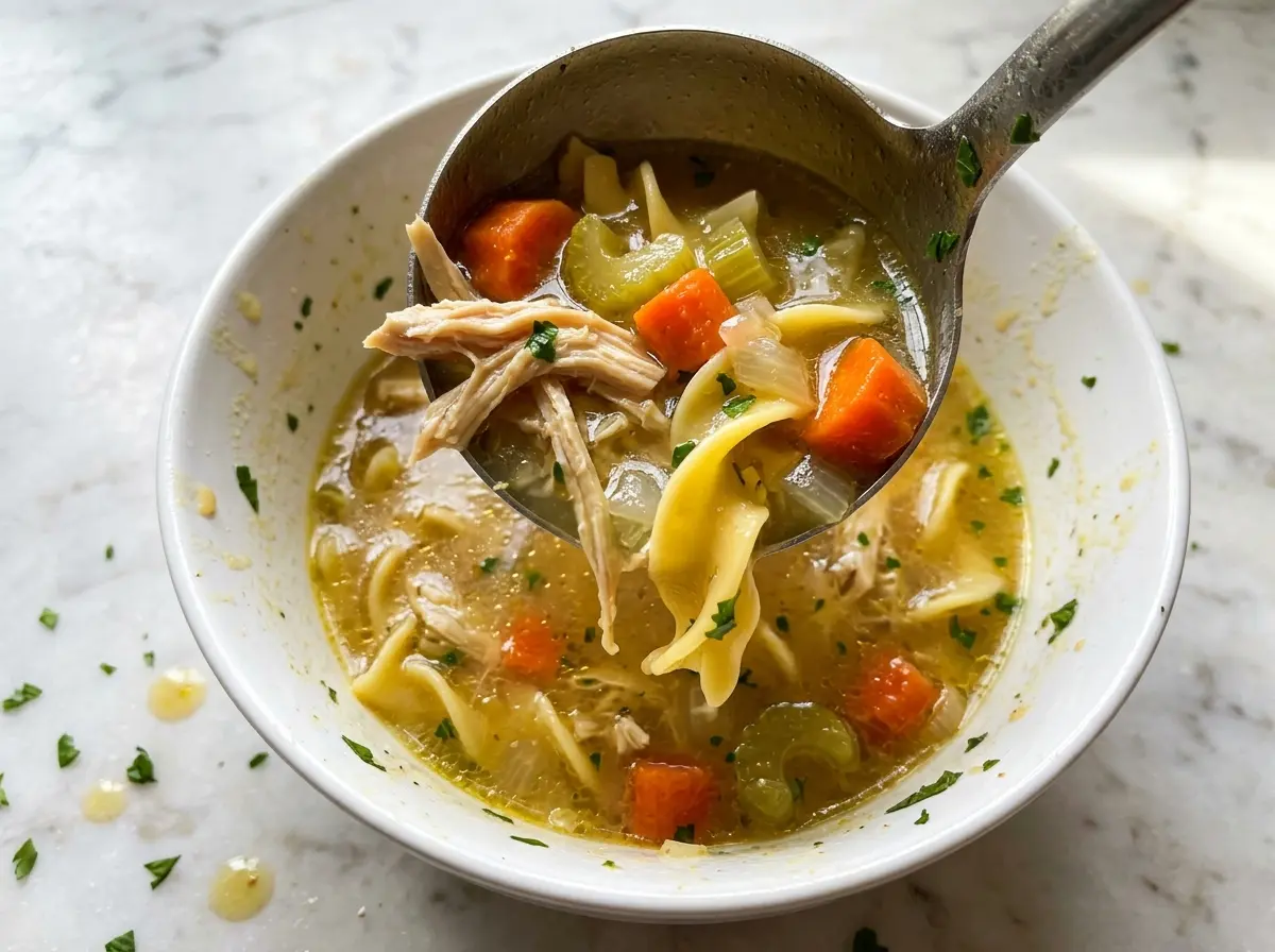 Copycat Panera Bread Chicken Noodle Soup with tender chicken and wide noodles