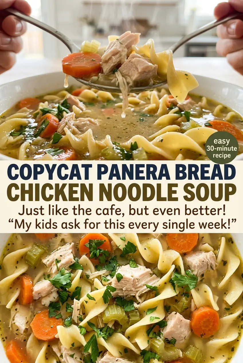 Copycat Panera Bread Chicken Noodle Soup with golden broth and fresh parsley