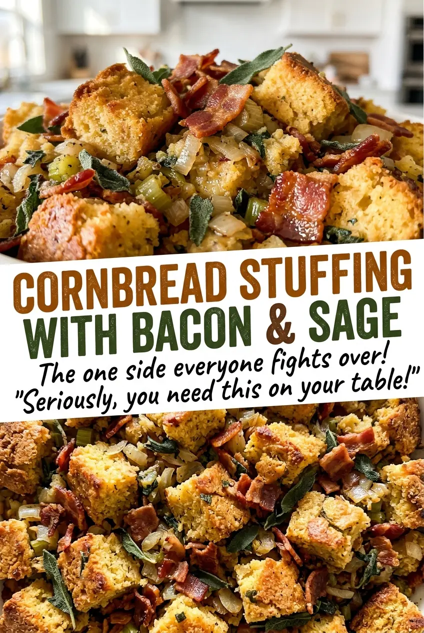 Cornbread stuffing with bacon and sage, crisp bacon pieces
