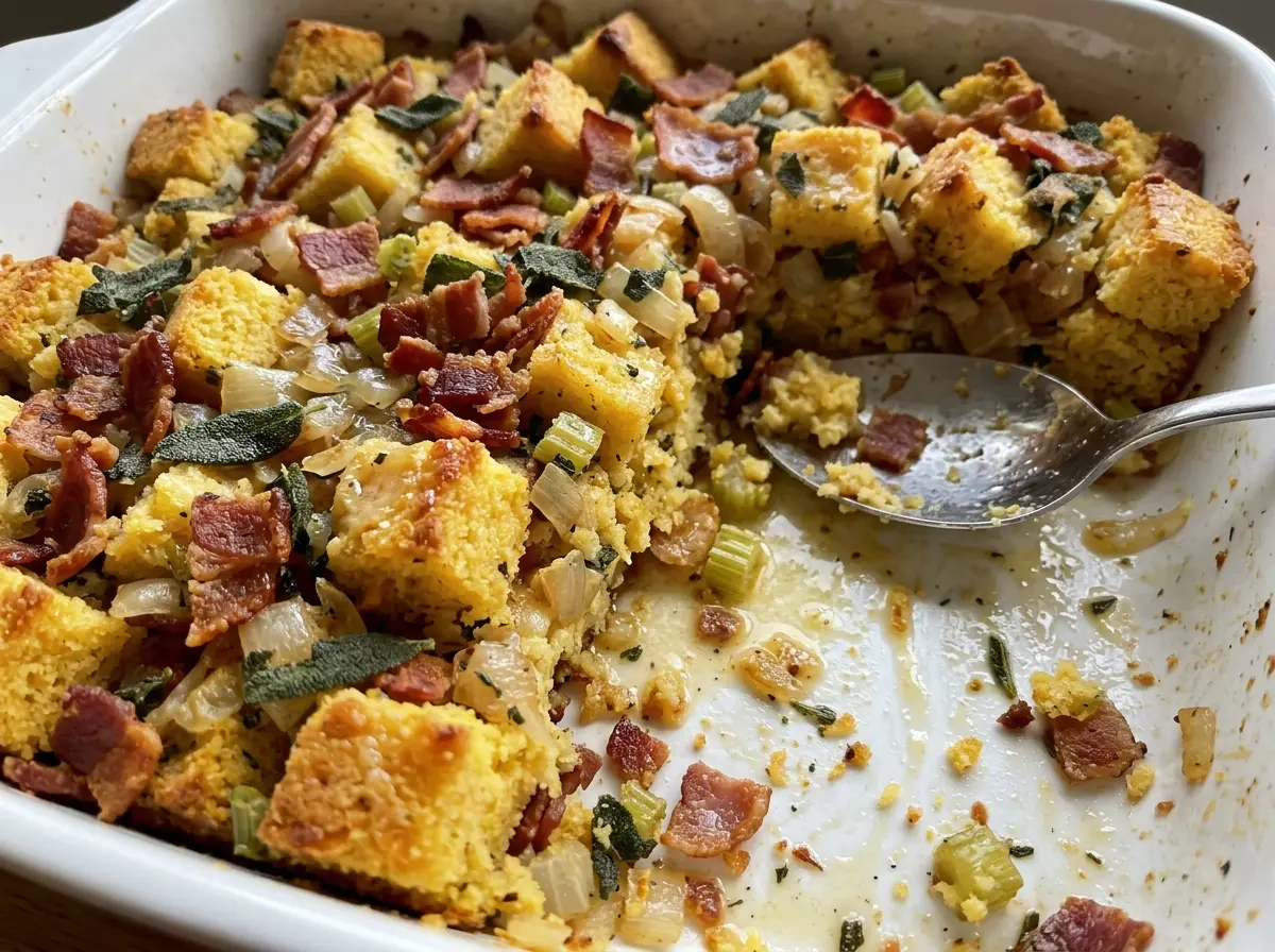 Cornbread stuffing with bacon and sage, golden savory cubes