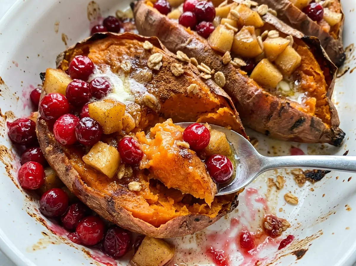 Cranberry Apple Twice Baked Sweet Potatoes with browned tops