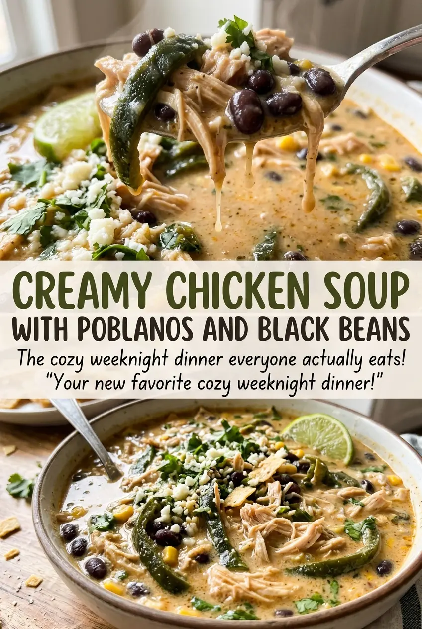 Creamy chicken soup with poblanos and black beans, cozy and creamy