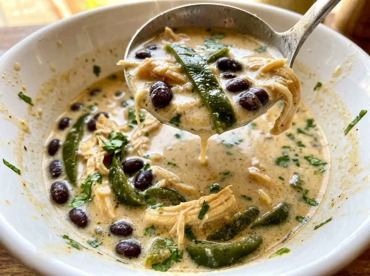 Creamy chicken soup with poblanos and black beans, creamy and hearty
