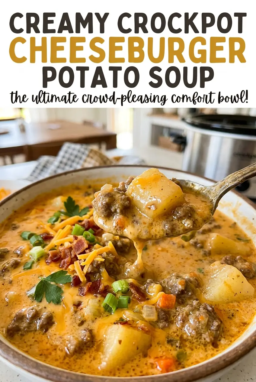 Creamy Crockpot Cheeseburger Potato Soup, tender potatoes, rich cheddar