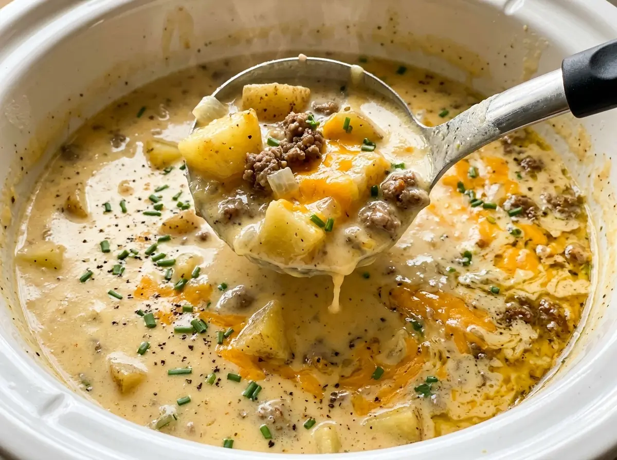 Creamy Crockpot Cheeseburger Potato Soup, cheesy, chunky, golden