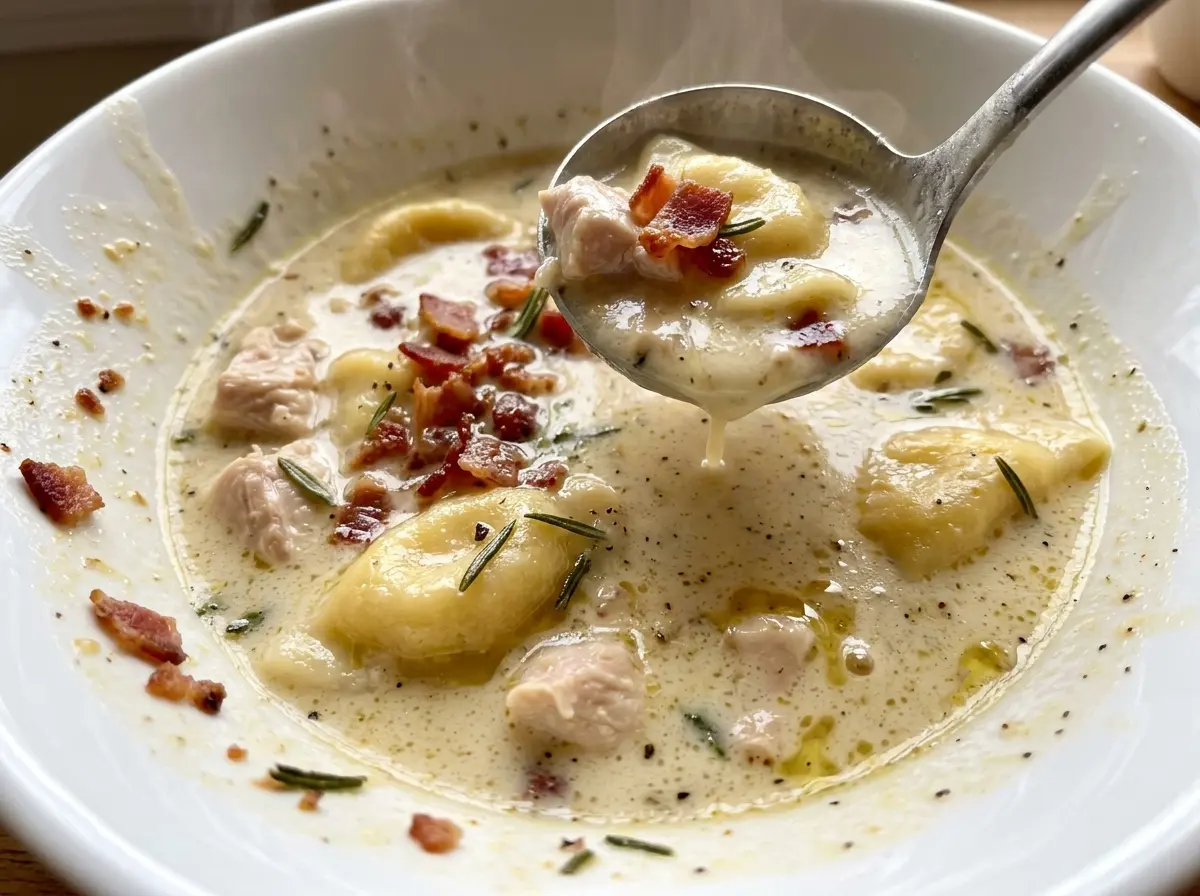 Creamy Pierogi Chicken Soup With Rosemary Bacon creamy and hearty