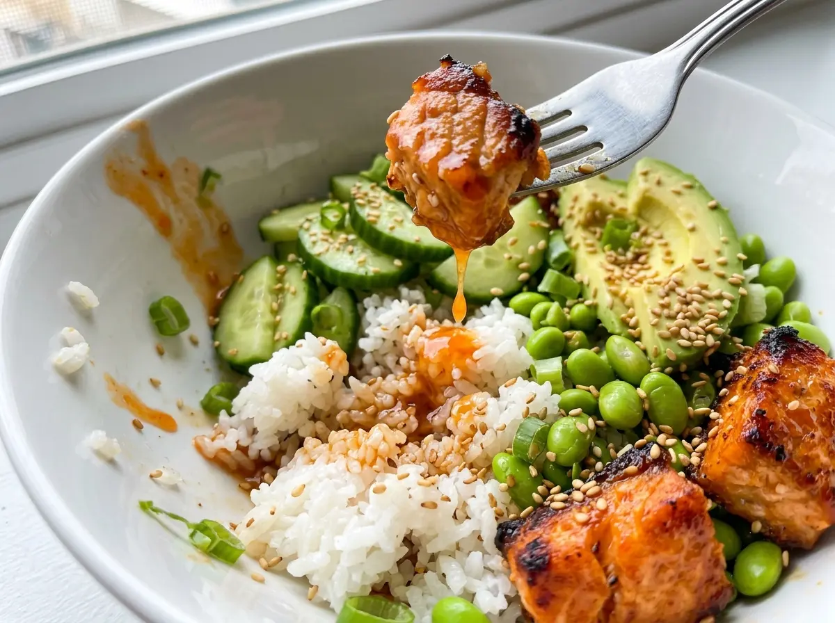 Crispy Orange Salmon Bowls, glossy salmon and crisp toppings