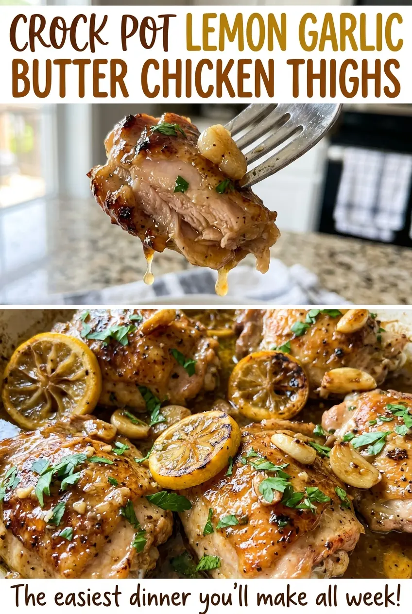 Crock Pot Lemon Garlic Butter Chicken Thighs with lemony, buttery sauce