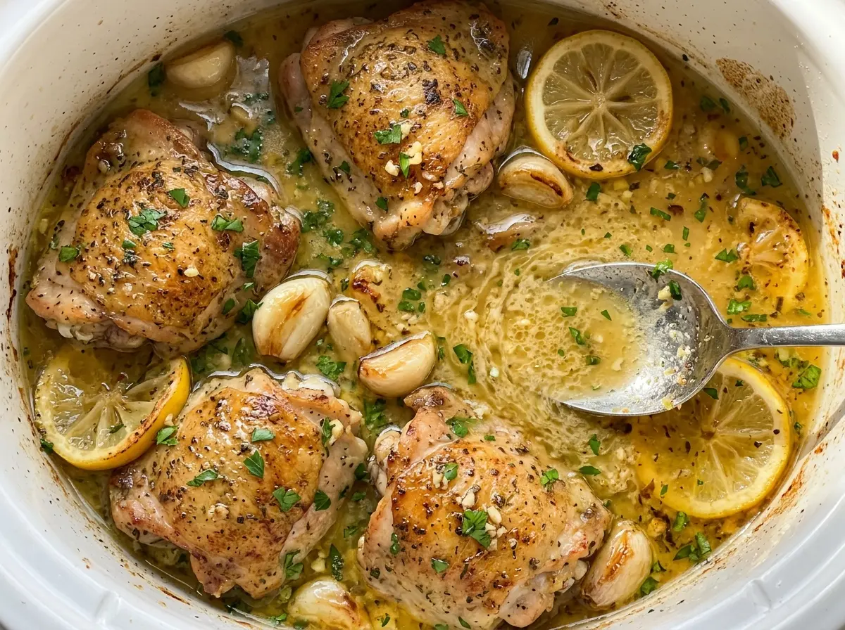 Crock Pot Lemon Garlic Butter Chicken Thighs with tender, saucy chicken