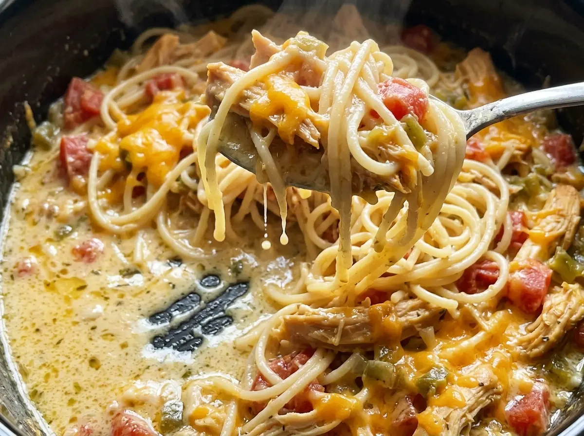 Crockpot Chicken Spaghetti creamy cheesy