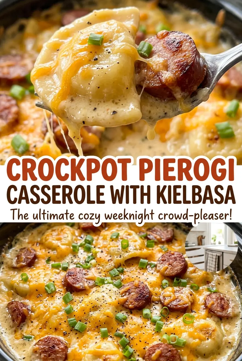 Crockpot Pierogi Casserole with Kielbasa, tender and creamy