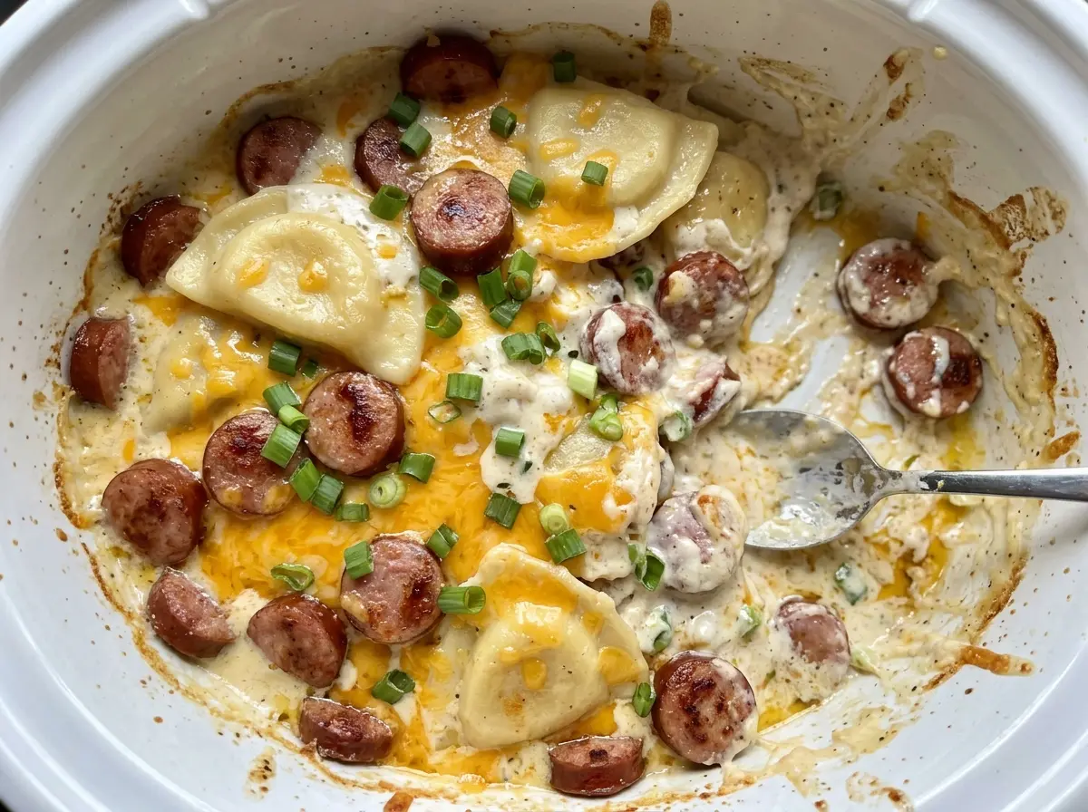 Crockpot Pierogi Casserole with Kielbasa, creamy and cheesy