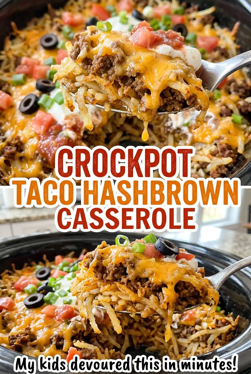 Crockpot Taco Hashbrown Casserole tender, cheesy, scoopable