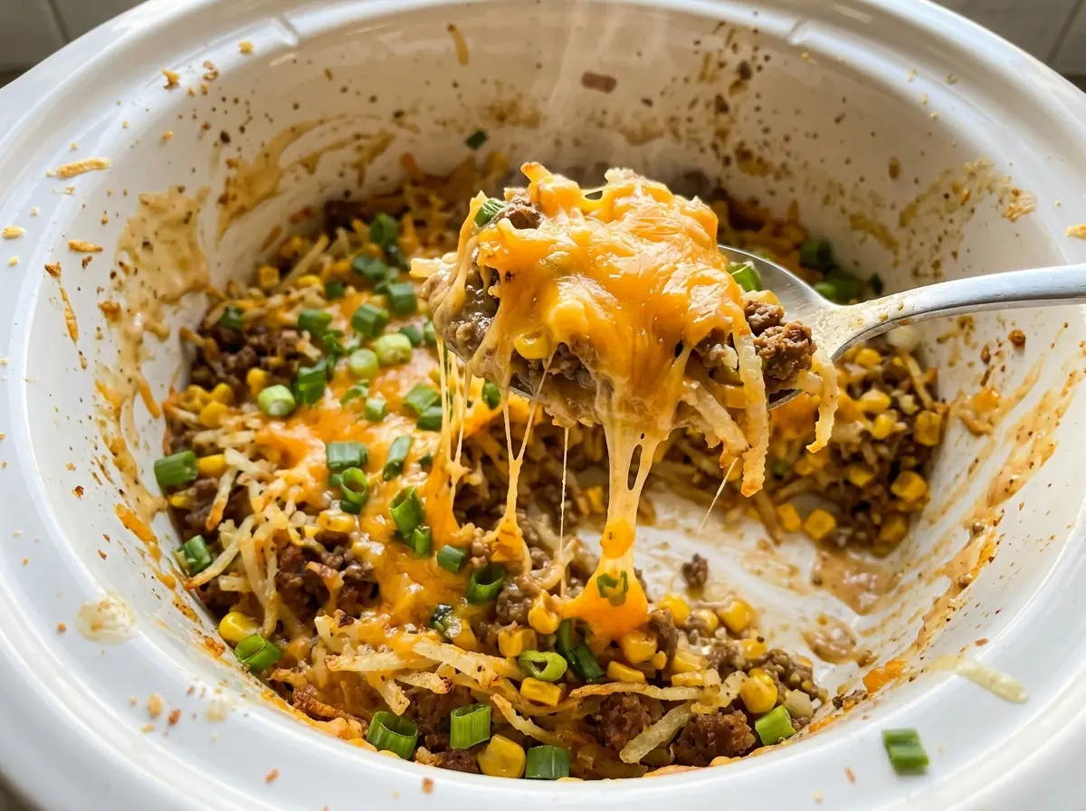 Crockpot Taco Hashbrown Casserole creamy, cheesy, golden