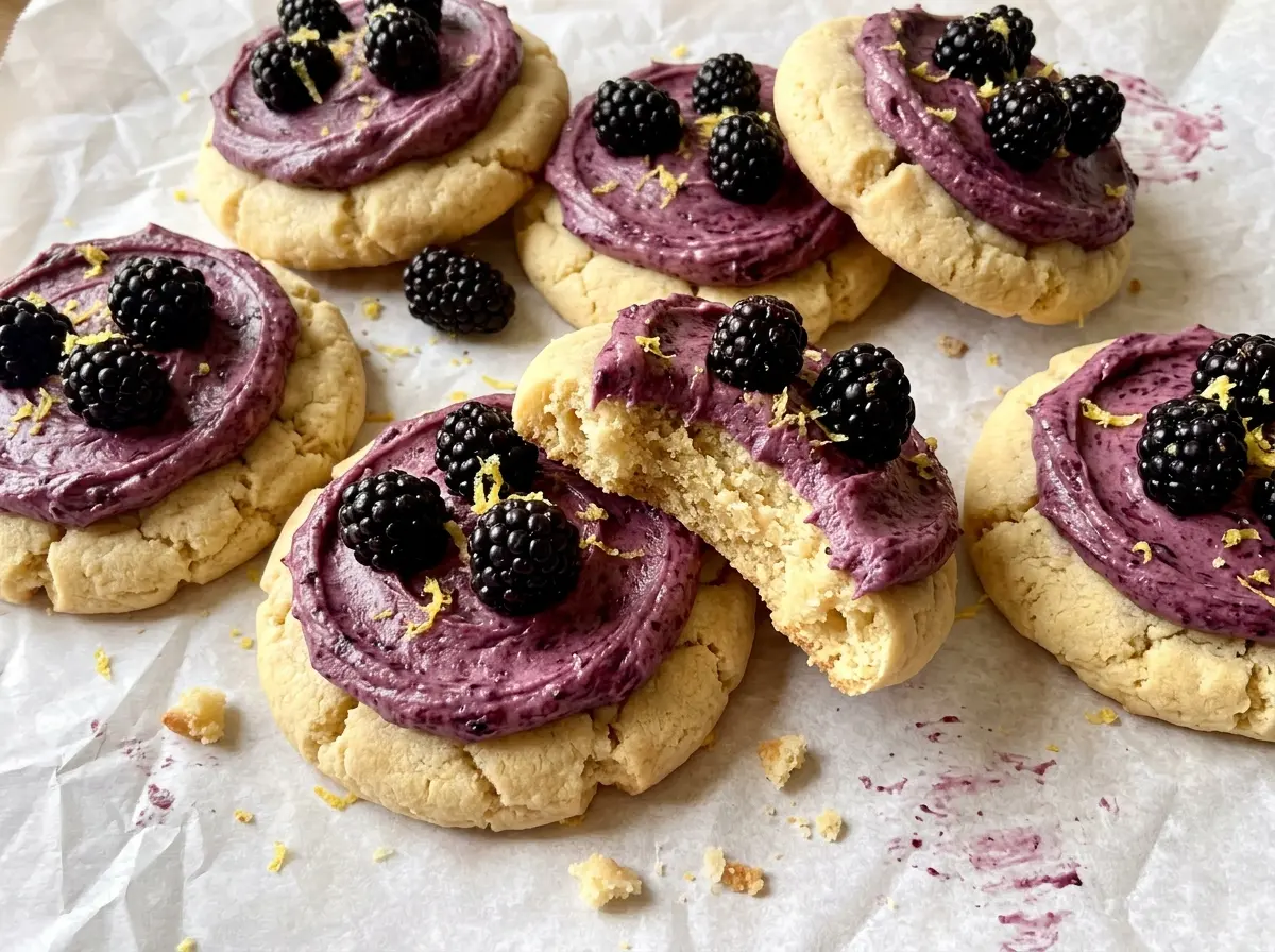 Crumbl Lemon Blackberry Cookies with berry frosting