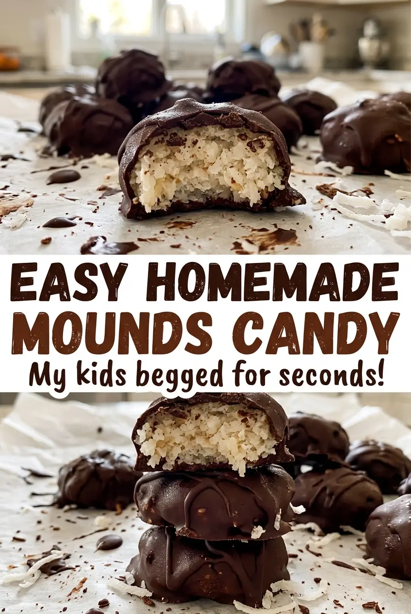 Easy Homemade Mounds Candy with chewy coconut centers