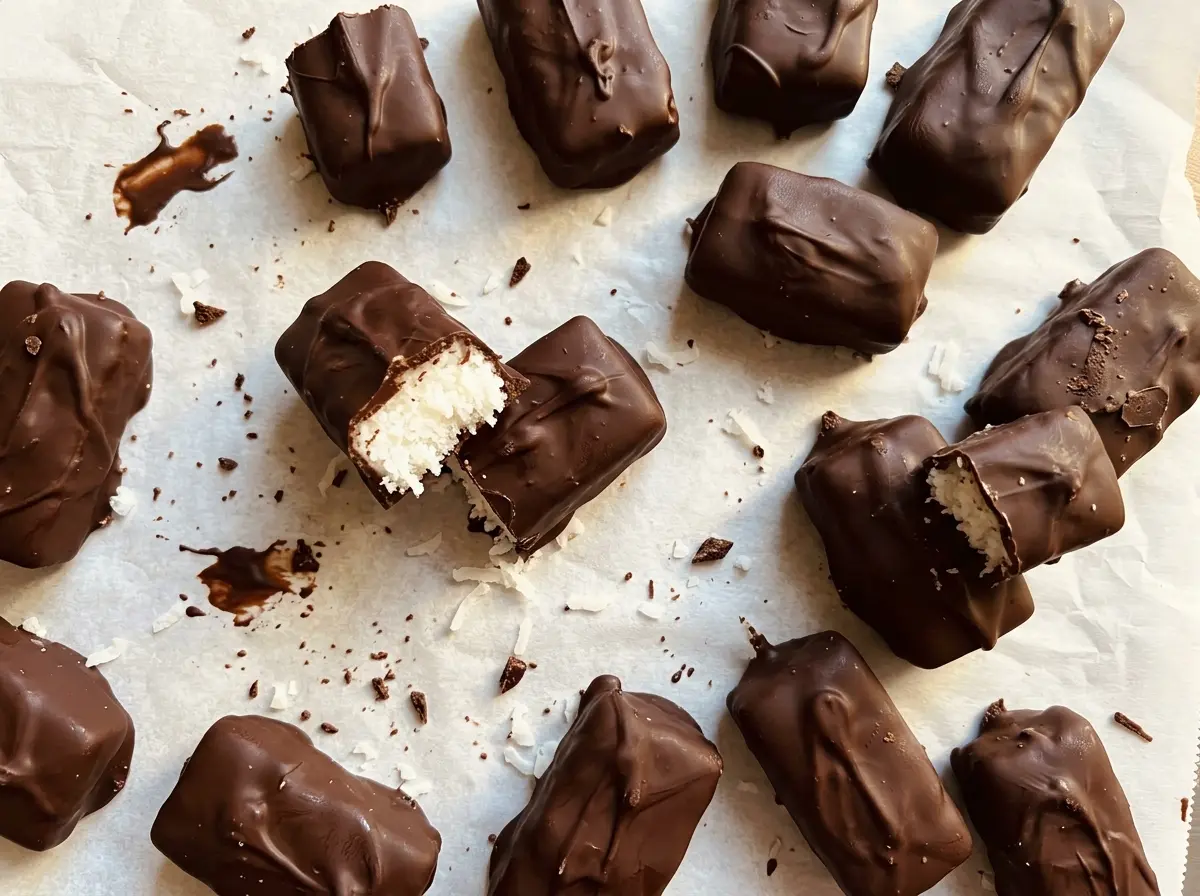 Easy Homemade Mounds Candy with dark chocolate coating