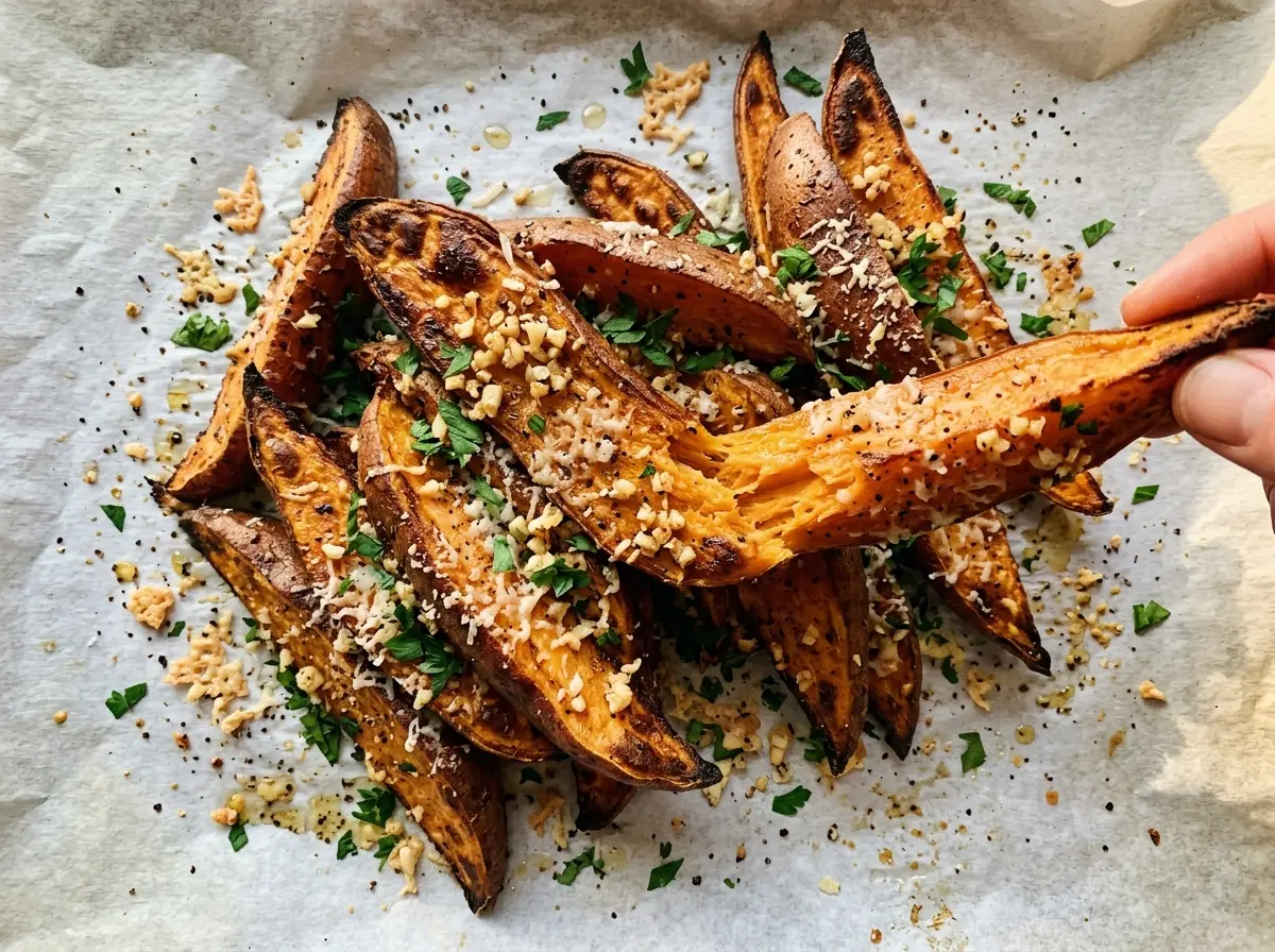 Garlic Parmesan Sweet Potato Wedges browned edges