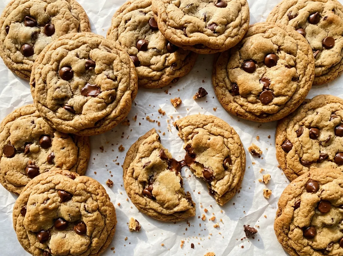 Giant Chewy Chocolate Chip Cookies with golden edges