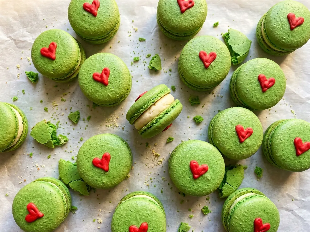 Grinch macarons green shells red hearts