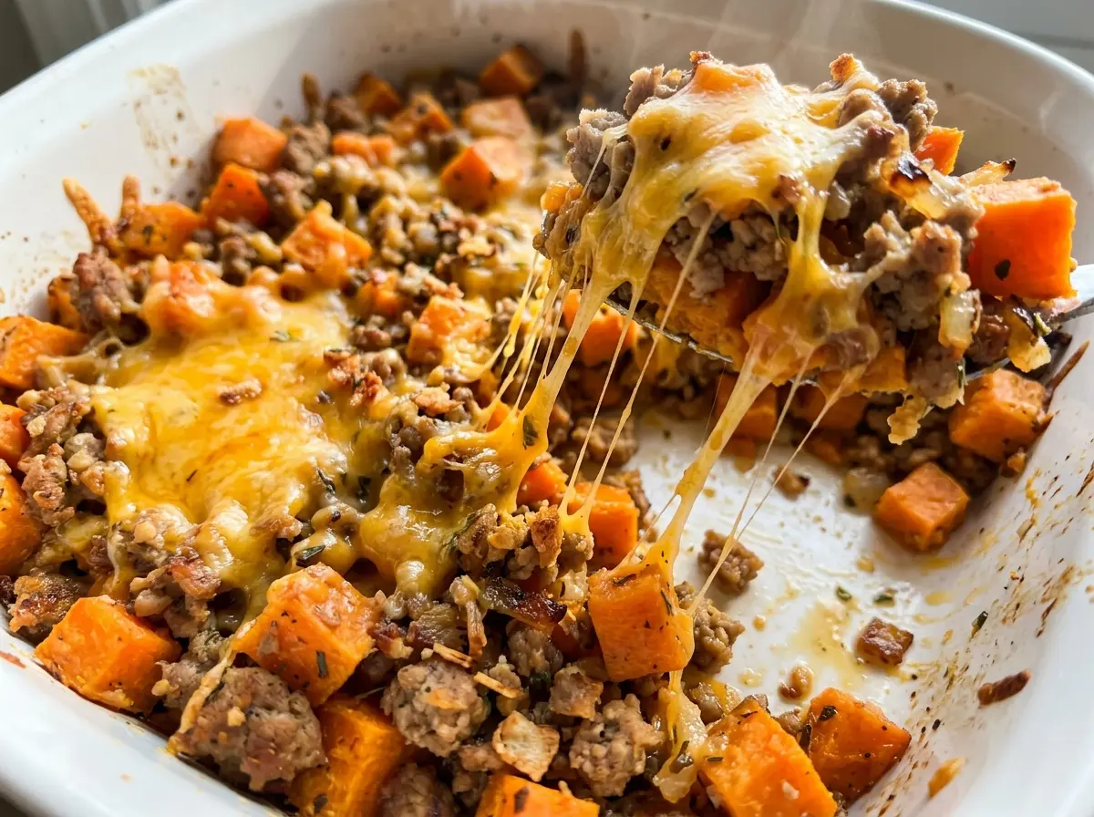Ground Turkey Sweet Potato Bake cheesy golden
