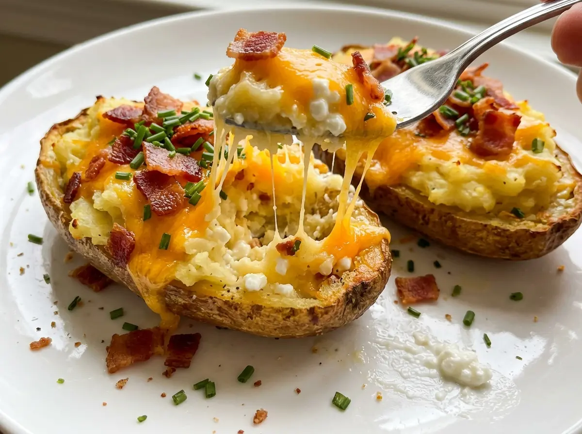 High Protein Twice Baked Potatoes crisp cheddar tops