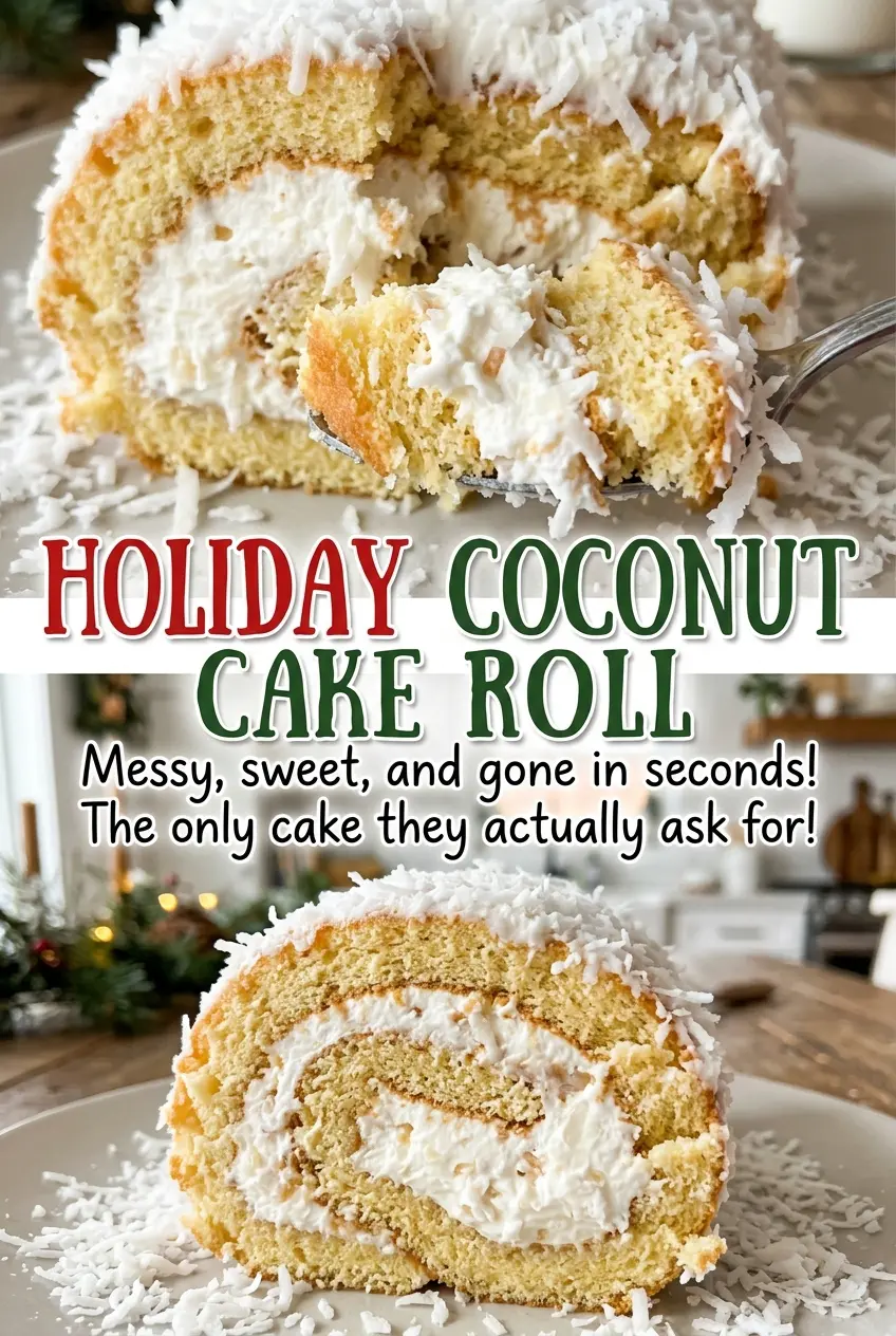 Holiday Coconut Cake Roll, creamy filling, coconut flakes