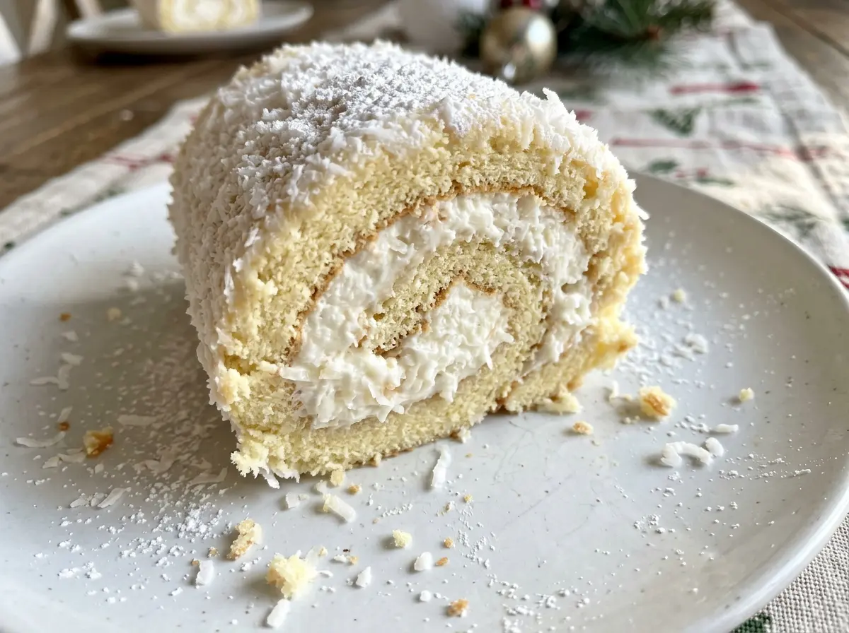 Holiday Coconut Cake Roll, fluffy sponge, snowy coconut