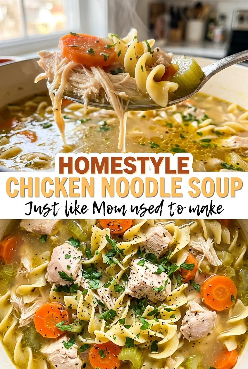 Homestyle chicken noodle soup with parsley-flecked broth