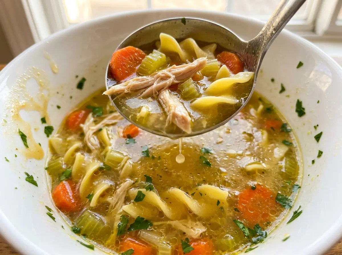 Homestyle chicken noodle soup with tender noodles