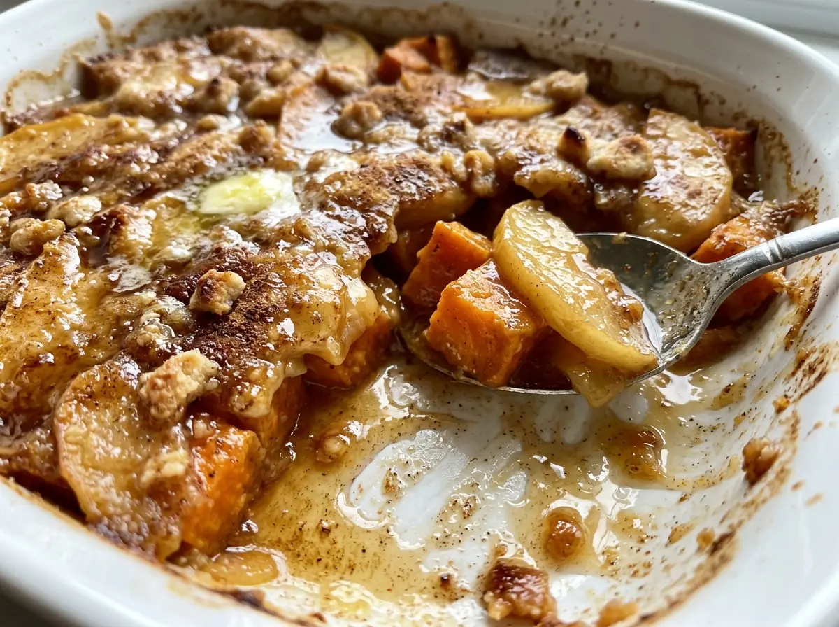 Honey Glazed Apple Sweet Potato Casserole with bubbling glaze