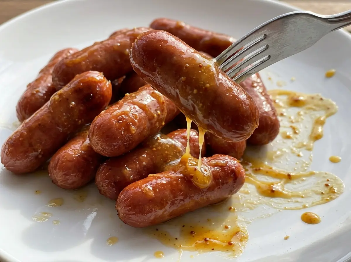 Honey mustard cocktail sausages glossy bubbling glaze