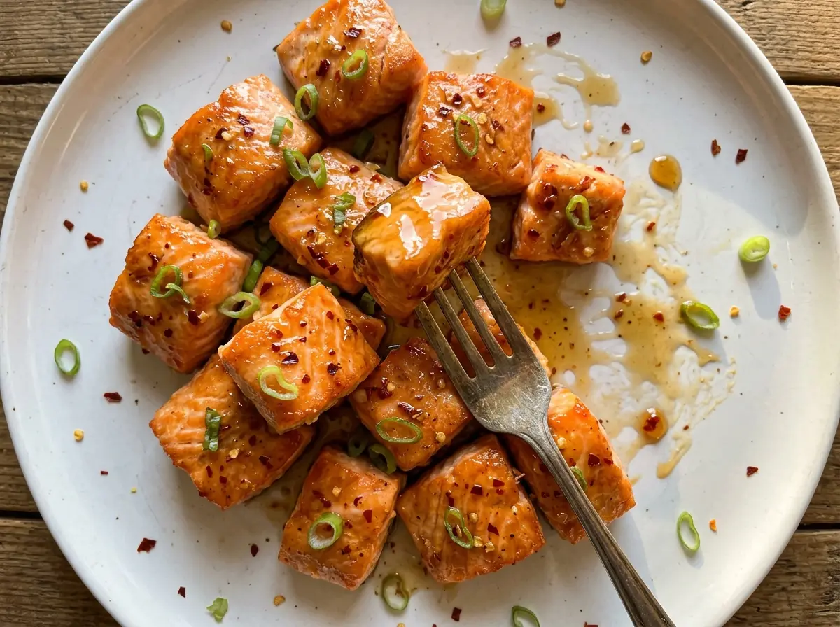 Hot Honey Salmon Bites glossy golden cubes