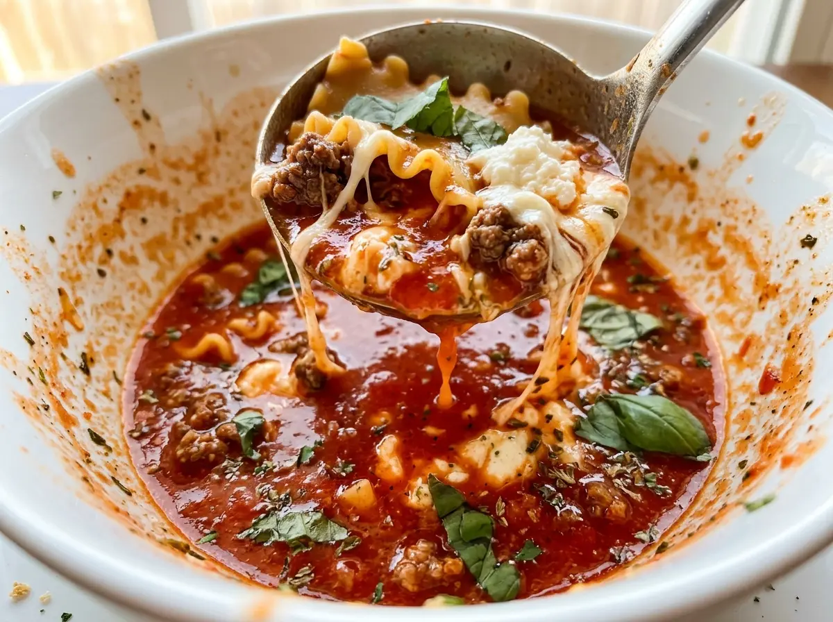 Lasagna Soup with tomato broth and creamy topping