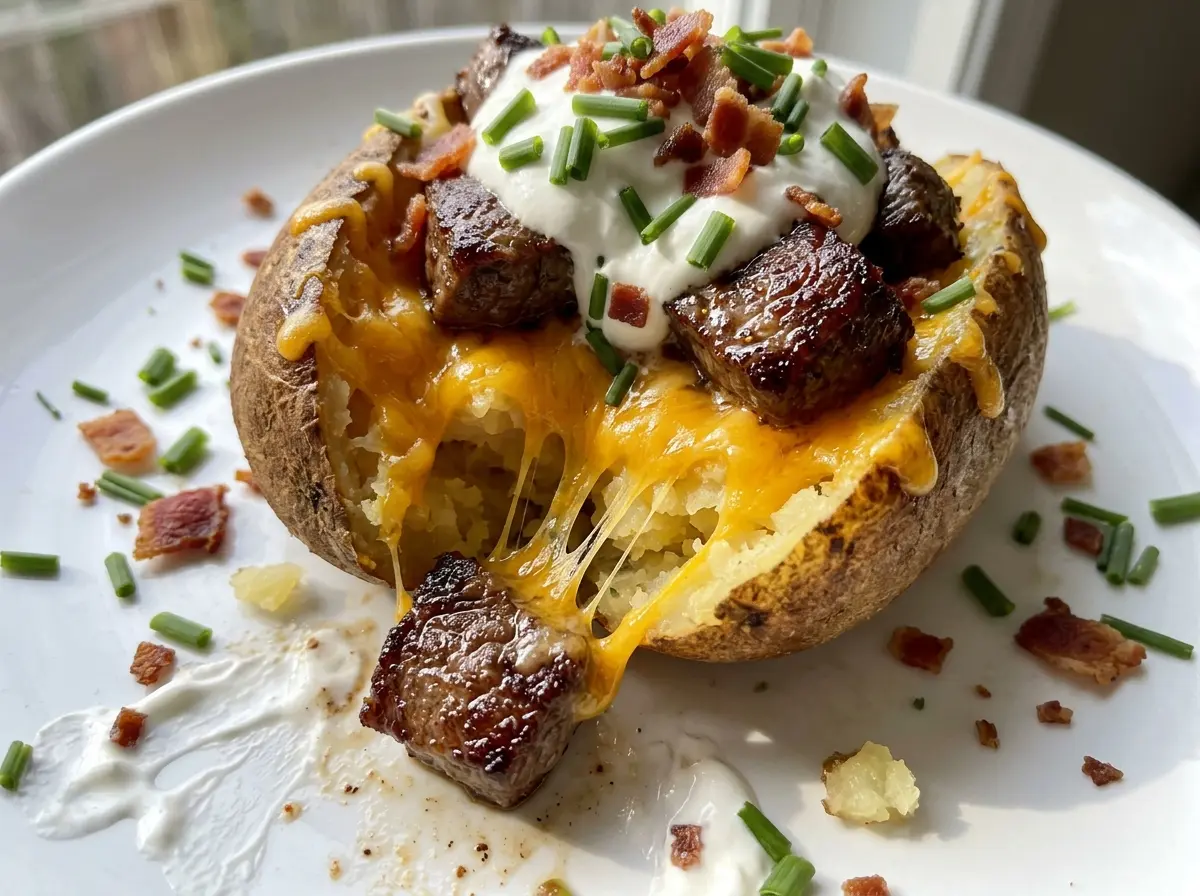Loaded baked potato with steak bites, fluffy and piled high