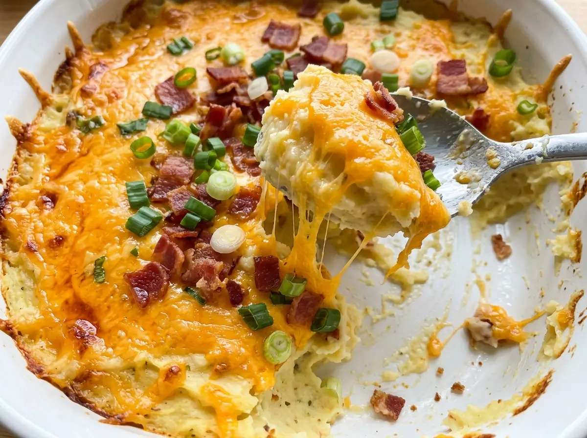 Loaded Mashed Potato Casserole with cheesy bacon topping