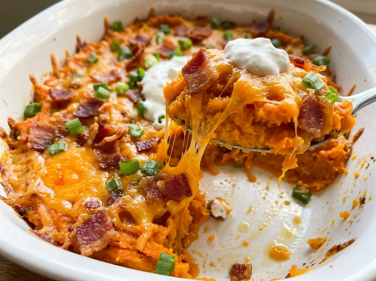 Loaded Sweet Potato Casserole cheesy bacon topping
