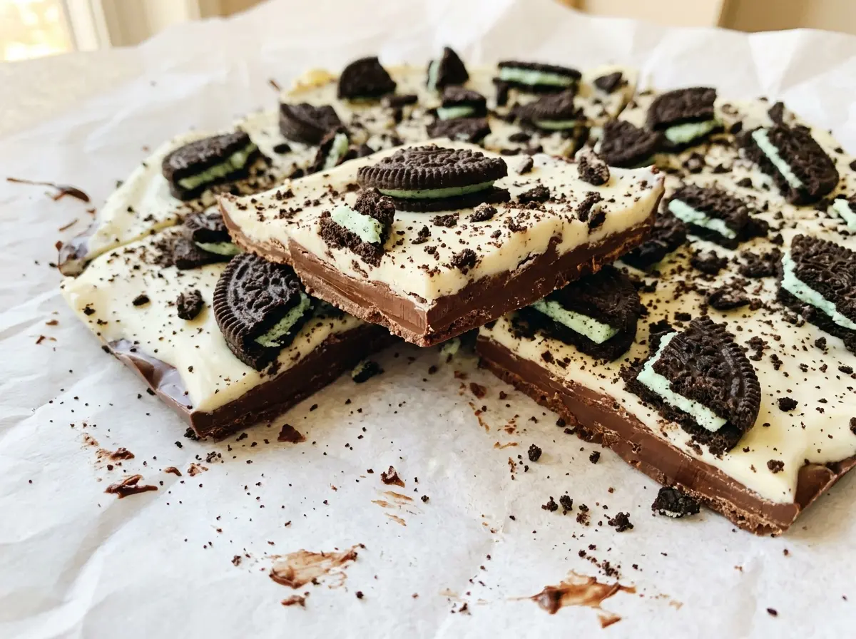Mint Oreo Bark with creamy mint shards
