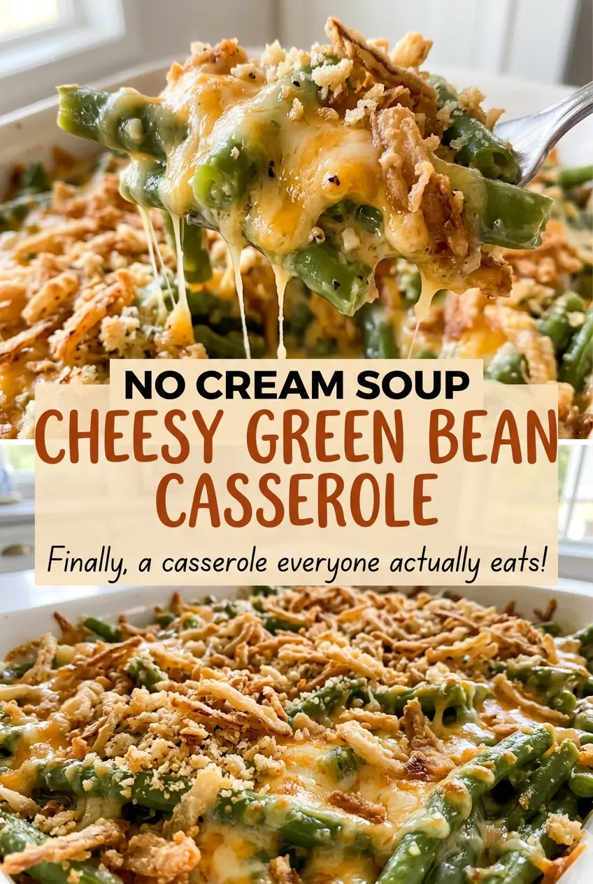 No Cream Soup Cheesy Green Bean Casserole golden onion topping