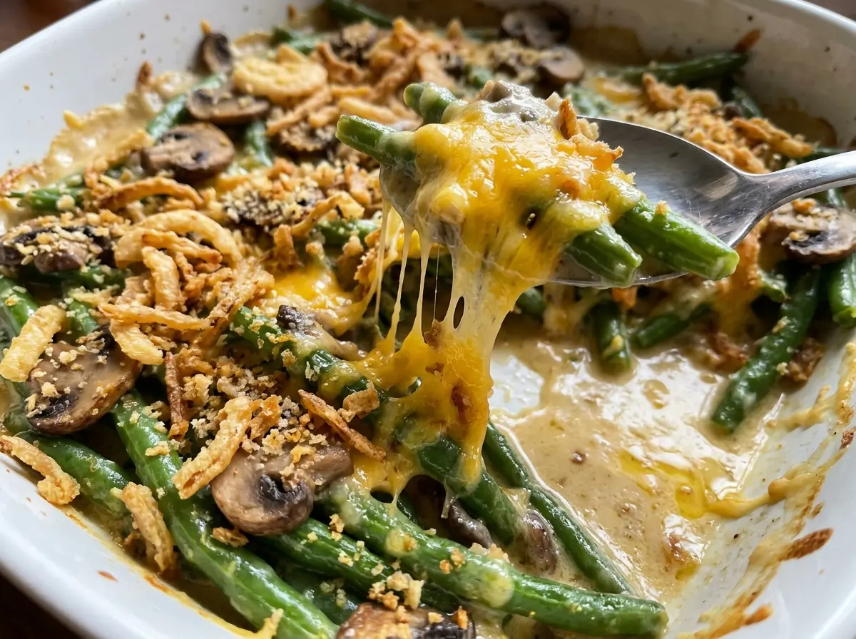 No Cream Soup Cheesy Green Bean Casserole bubbling cheddar