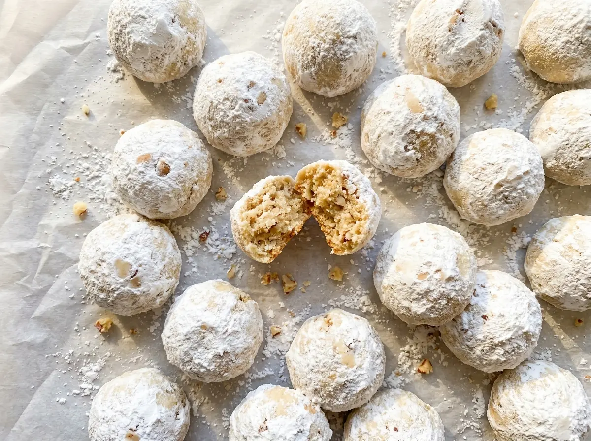 Pecan Snowball Cookies with powdered sugar coating