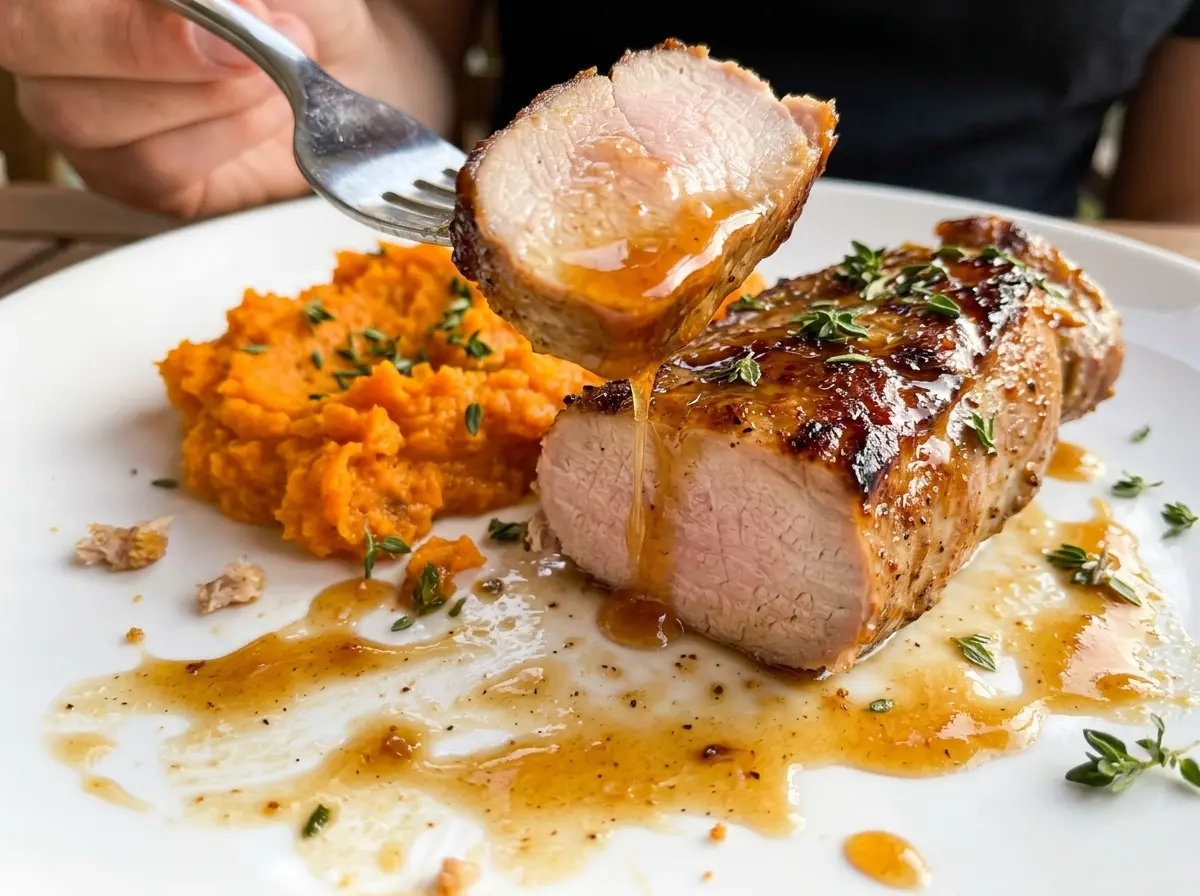 Pork Tenderloin with Apple Cider Glaze and Sweet Potato Mash, glossy glaze and smooth mash