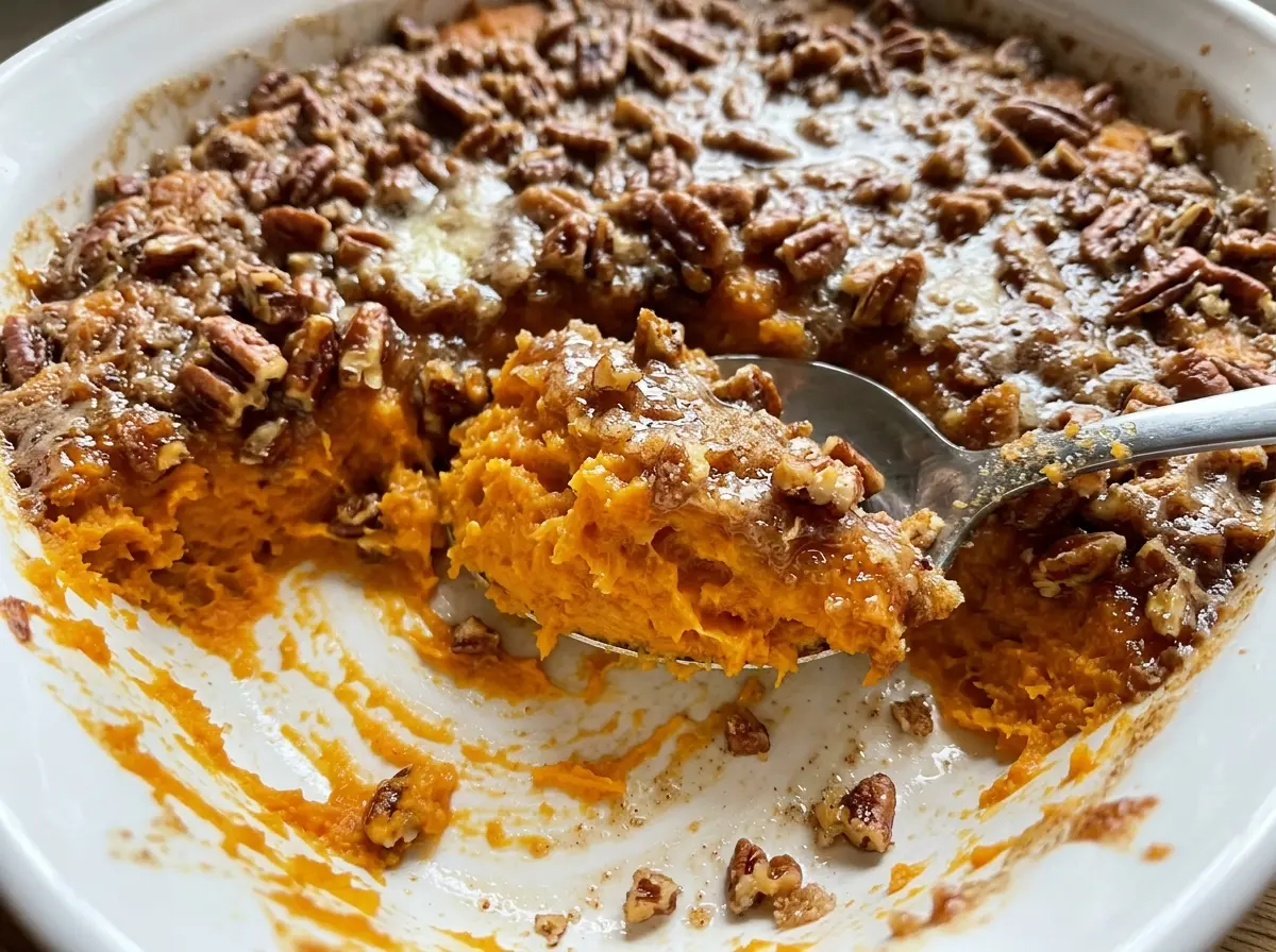 Praline Sweet Potato Casserole buttery pecan crust