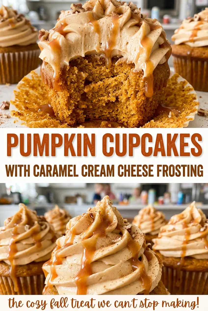 Pumpkin Cupcakes with Caramel Cream Cheese Frosting, tender spiced crumb