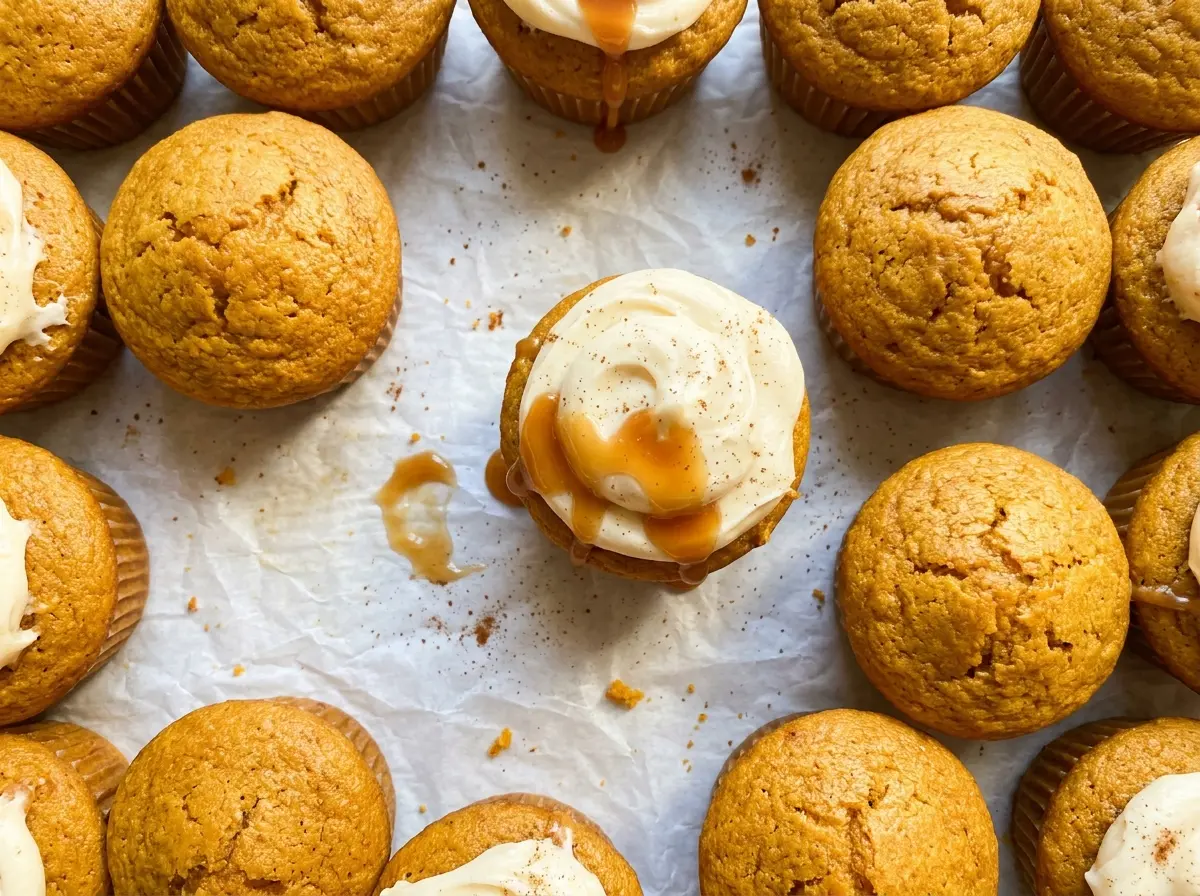 Pumpkin Cupcakes with Caramel Cream Cheese Frosting, warmly spiced