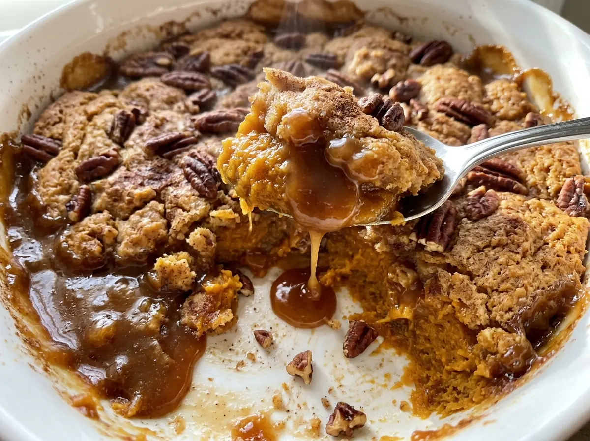Pumpkin Pecan Cobbler with bubbling pecan topping