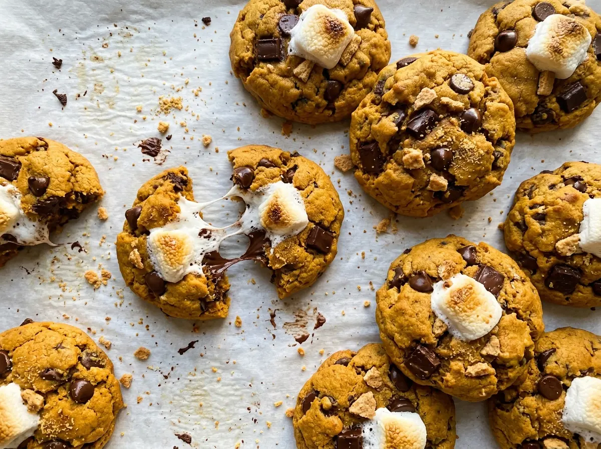 Pumpkin Smores Cookies with golden marshmallow tops