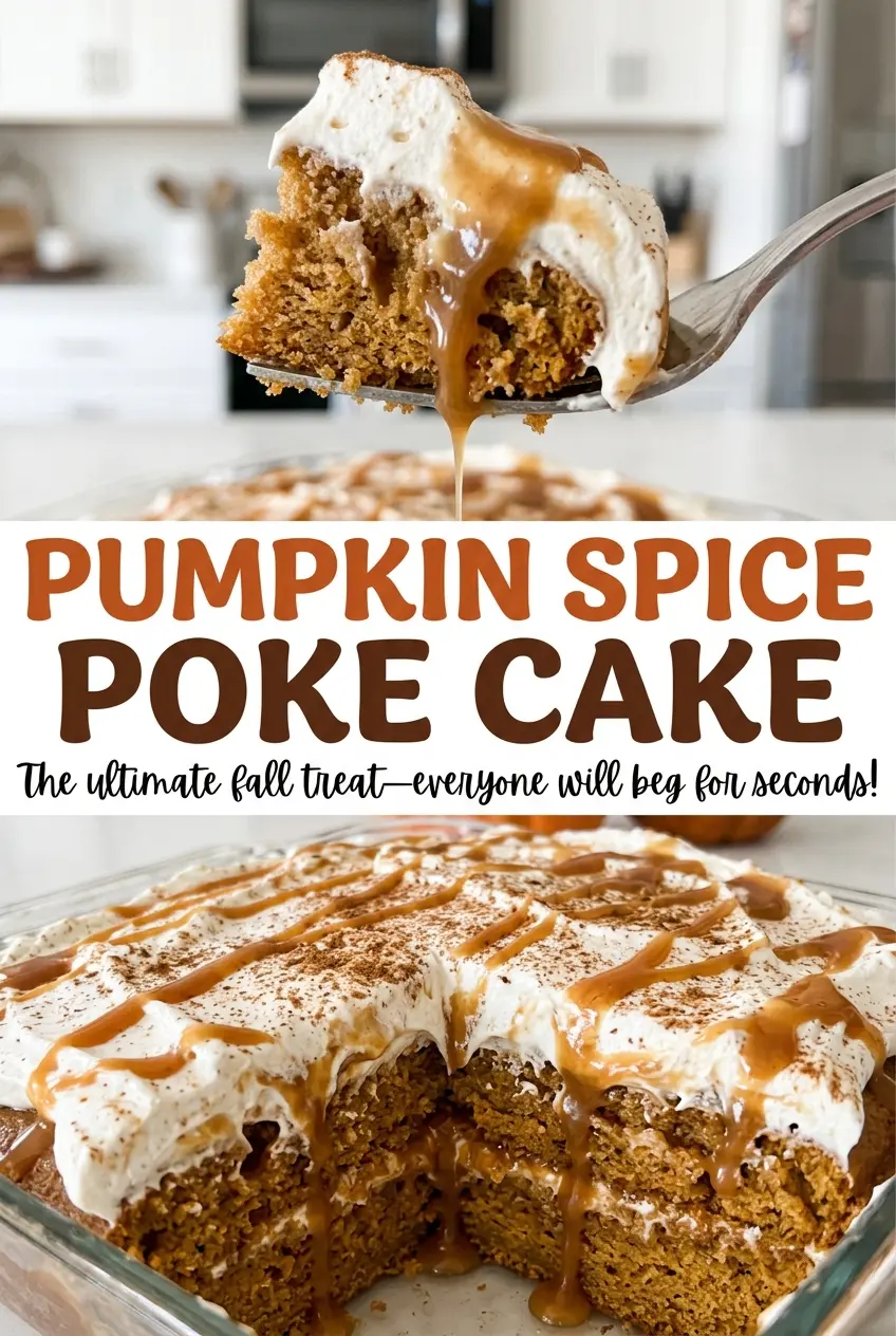 Pumpkin Spice Poke Cake with creamy topping